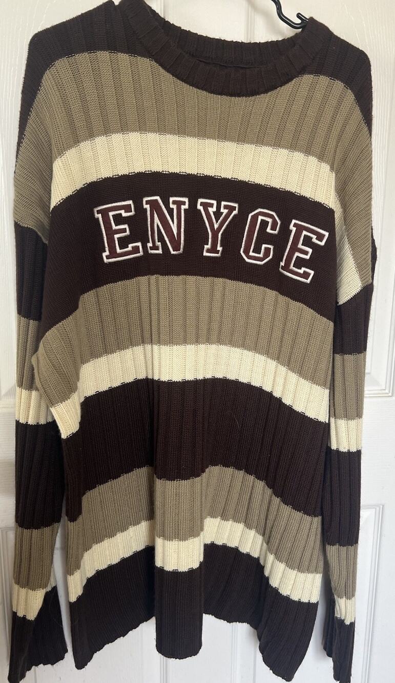 VTG Y2K Enyce Spell Out Ribbed Knit Sweater 2XL Brown Tan Striped 90s Hip Hop